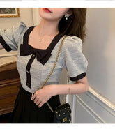 Short Sleeve Bow Square Collar Blouse Shirt